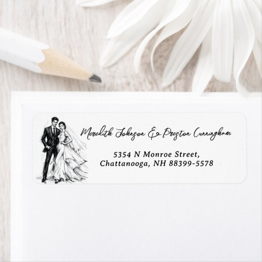 モダンファッションの炭筆画のカップルの結婚式 ラベル (インサイチュ)