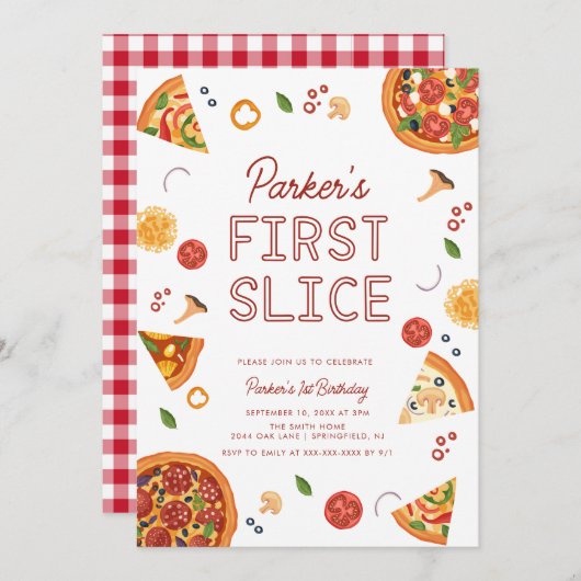 モダンファーストスライスピザファースト誕生日 招待状 (正面/裏面)