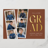 モダンフィルムストリップブラウン6写真卒業パーティー 箔招待状 (正面)