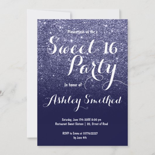 モダンフェイクガーリーネイビーグリッターグラデーションスウィート16 招待状 (正面)