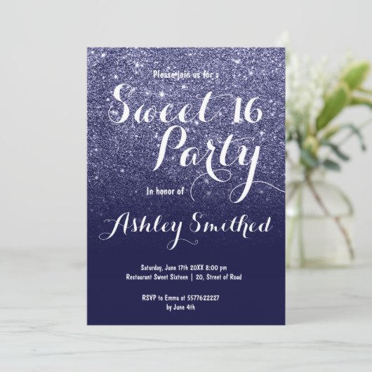 モダンフェイクガーリーネイビーグリッターグラデーションスウィート16 招待状 (スタンド正面)