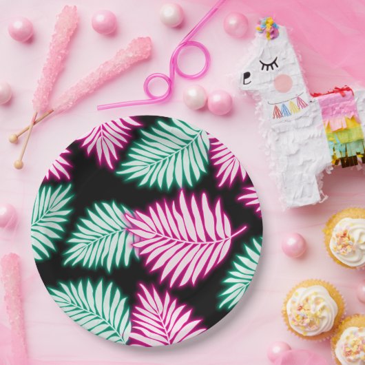 モダンフェイクネオンピンク緑トロパル離れコー ペーパープレート (パーティー)