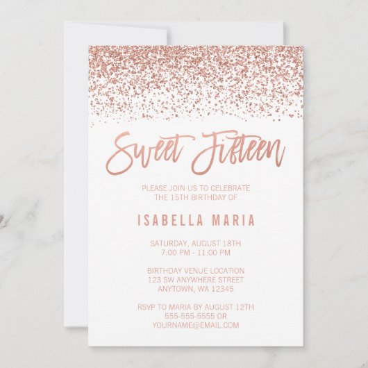 モダンフェイクバラ金ゴールドグリッタースウィート15誕生日 招待状 (正面)