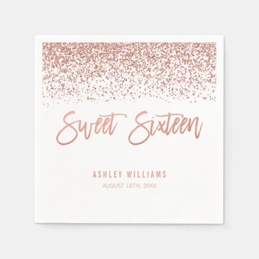 モダンフェイクバラ金ゴールドグリッタースウィート16誕生日 スタンダードカクテルナプキン (正面)