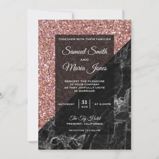 モダンフェイクバラ金ゴールドグリッターブラック大理石結婚の 招待状 (正面)