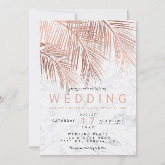 モダンフェイクバラ金ゴールドヤシ結婚の木 招待状 (正面)