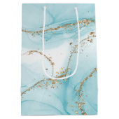 モダンフェイク金ゴールドと青の水彩大理石パターン ミディアムペーパーバッグ (裏面)