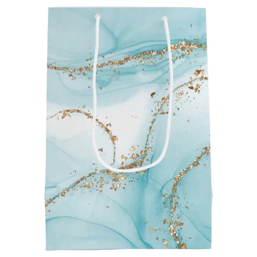 モダンフェイク金ゴールドと青の水彩大理石パターン ミディアムペーパーバッグ (裏面)
