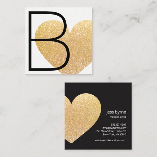 モダンフェイク金ゴールドグリッターハート白黒スクエア スクエア名刺 (正面/裏面)