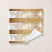 モダンフェイク金ゴールドグリッター及びホワイトライストライプト バスタオルセット (ウォッシュタオル)