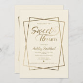 モダンフェイク金ゴールドタイポグラフィアイボリースウィート16 招待状 (正面/裏面)