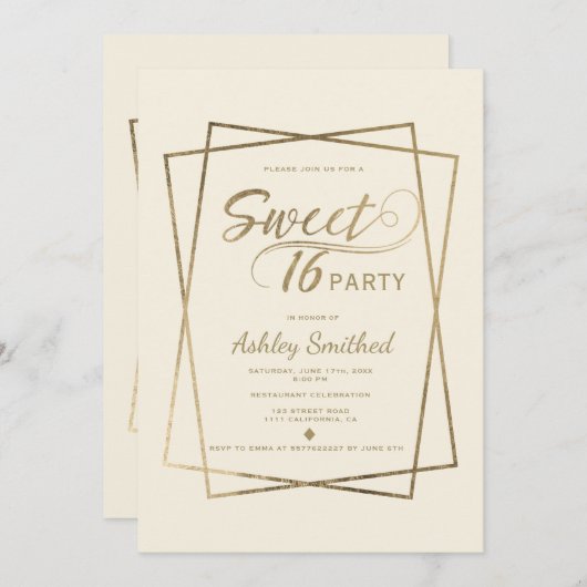 モダンフェイク金ゴールドタイポグラフィアイボリースウィート16 招待状 (正面/裏面)