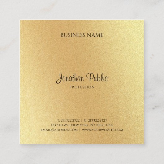 モダンフェイク金ゴールドハンドスクリプトエレガントプロフェッショナル スクエア名刺 (裏面)