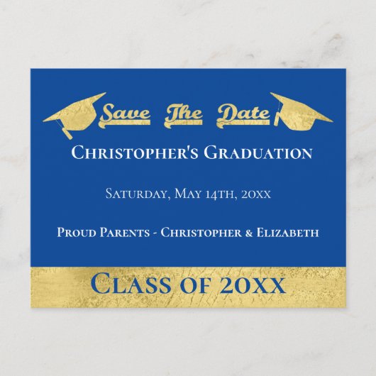 モダンフェイク金ゴールドブルー卒業式の上限を保存 案内ポストカード (正面)