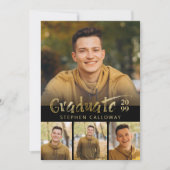 モダンフェイク金ゴールドメタリック4写真卒業パーティー 招待状 (正面)