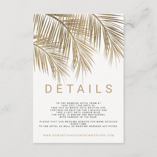 モダンフェイク金ゴールドヤシの木エレガントな結婚式詳細 エンクロージャーカード (正面)