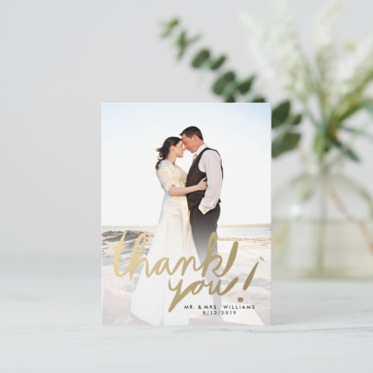 モダンフェイク金ゴールド写真ありがとうはがき ポストカード (スタンド正面)