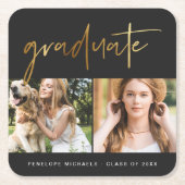 モダンフェイク金ゴールド大学院スクリプトPhoto Grid Black スクエアペーパーコースター (正面)