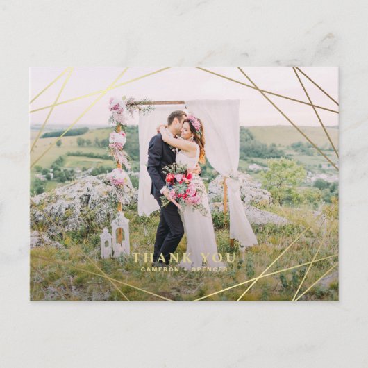 モダンフェイク金ゴールド幾何結婚フレーム ポストカード (正面)
