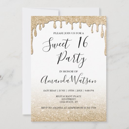 モダンフェイク金ゴールド滴下金ゴールドグリッターグラデーション 招待状 (正面)