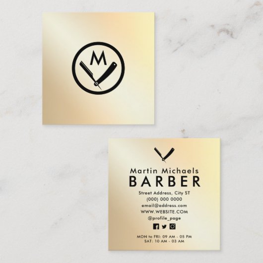 モダンフェイク金ゴールド理容師ロゴ スクエア名刺 (正面/裏面)