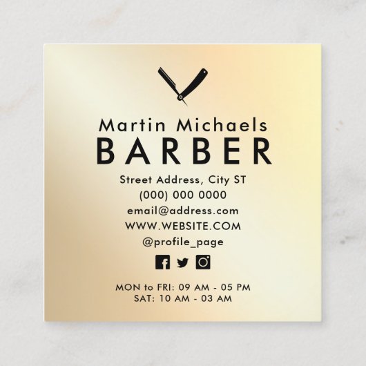 モダンフェイク金ゴールド理容師ロゴ スクエア名刺 (裏面)