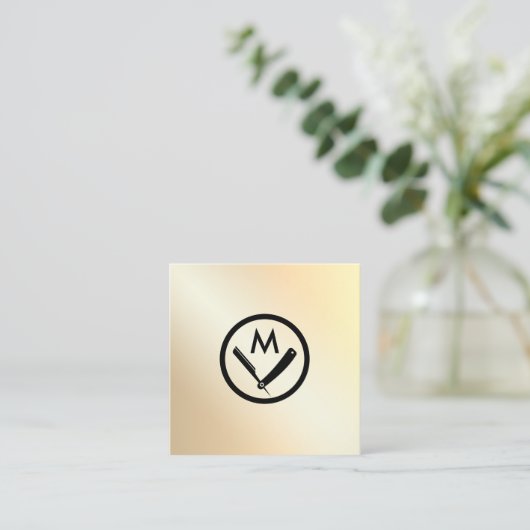 モダンフェイク金ゴールド理容師ロゴ スクエア名刺 (スタンド正面)