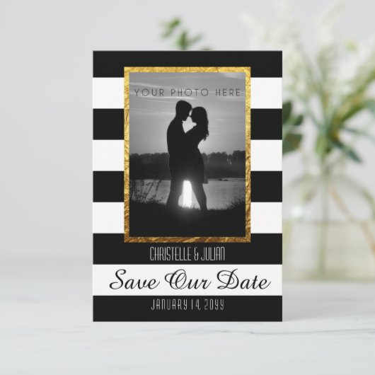 モダンフェイク金ゴールド白黒写真の日付を保存 セーブザデート (スタンド正面)