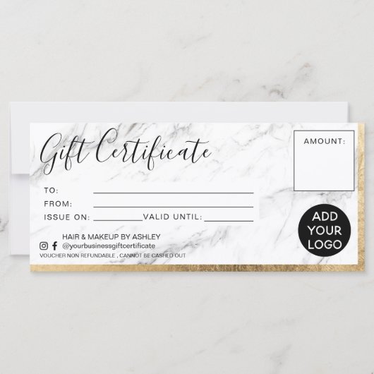 モダンフェイク金ゴールド箔の大理石ギフト証明書ロゴ (正面)