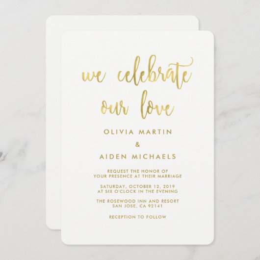 モダンフェイク金ゴールド結婚式招待状 招待状 (正面/裏面)