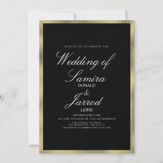 モダンフェイク金ゴールド黒幾何結婚図形 招待状 (正面)