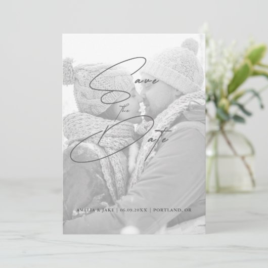 モダンフェイクVellumモノクロ結婚写真 セーブザデート (スタンド正面)