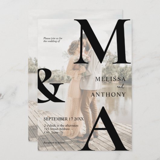モダンフェイクVellum Monogram写真結婚の 招待状 (正面/裏面)