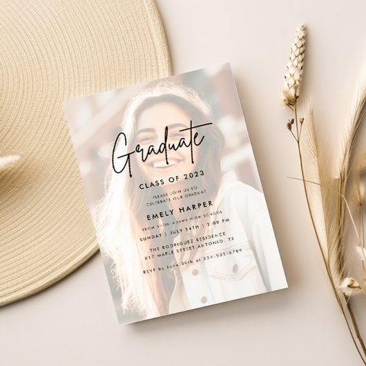 モダンフェイクVellum Overlay写真卒業パーティー 招待状