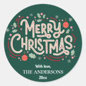 モダンフェスティバルかわいい緑と白メリークリスマス ラウンドシール (正面)