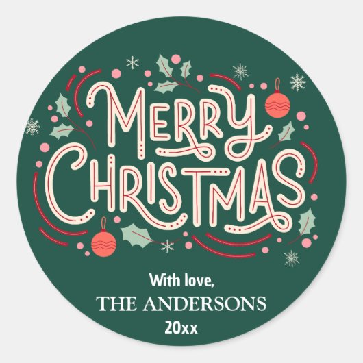 モダンフェスティバルかわいい緑と白メリークリスマス ラウンドシール (正面)