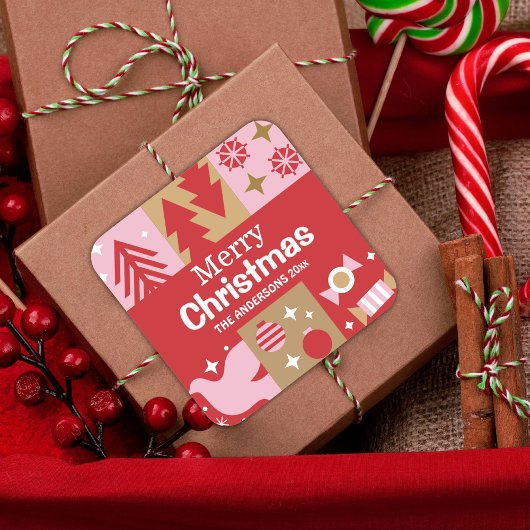 モダンフェスティバルかわいい赤と白メリークリスマス スクエアシール