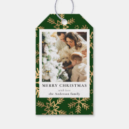 モダンフェスティバルグリーン金ゴールドクリスマスファミリー写真 ギフトタグ