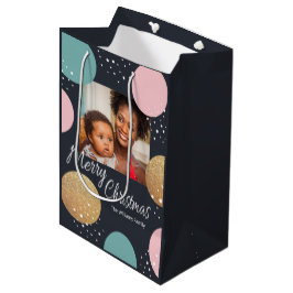 モダンフェスティバルドット雪の写真クリスマス ミディアムペーパーバッグ