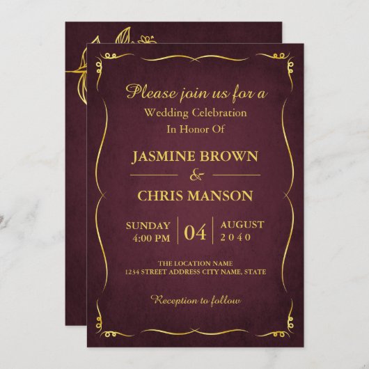 モダンフエレガントン結婚金ゴールド 招待状 (正面/裏面)