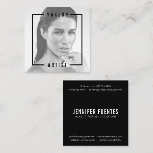 モダンフォトはっきりしたブラックタイポグラフィメイクアップアーティスト スクエア名刺 (正面/裏面)