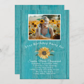 モダンフォトイエローサンフラワーティール（緑がかった色）ブルーウッド21st 招待状 (正面/裏面)