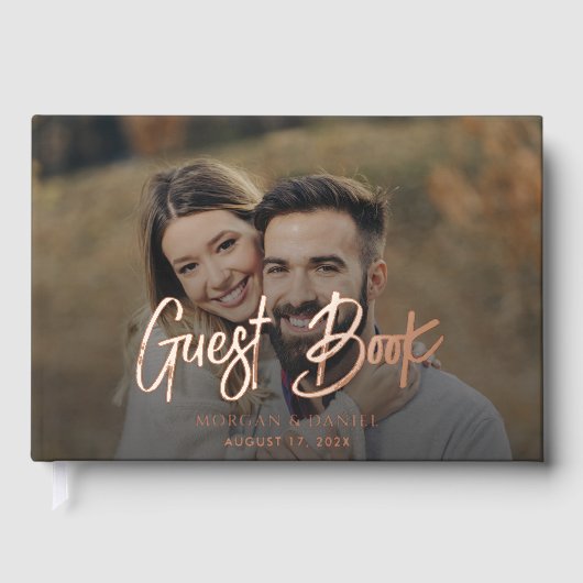 モダンフォトスクリプトエレガントバラゴールドフォイル結婚ズ ゲストブック (正面)