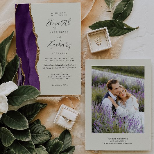 モダンフォトパープル金ゴールドアゲートアイボリー結婚ズ 招待状