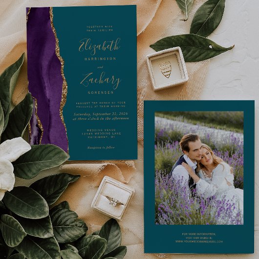 モダンフォトパープル金ゴールドアゲートティール（緑がかった色）結婚ズ 招待状