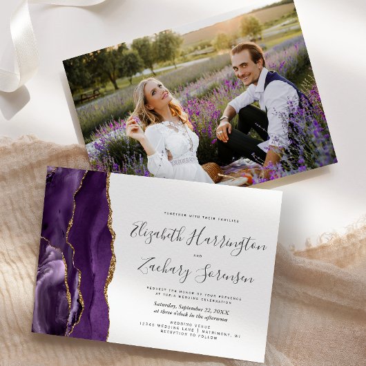 モダンフォトパープル金ゴールドアゲ結婚ート 招待状