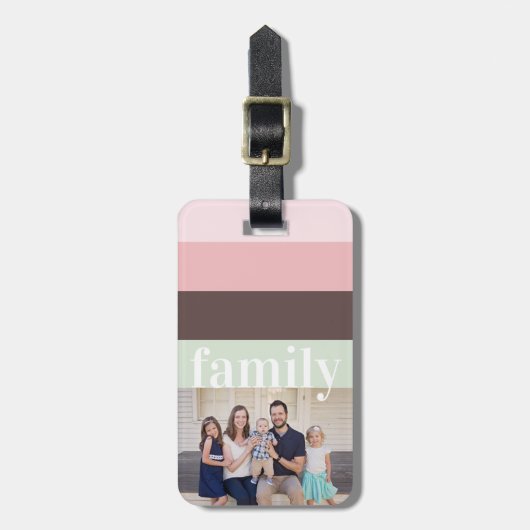 モダンフォトピンク、緑、茶ストライプの色 ラゲッジタグ (正面縦)