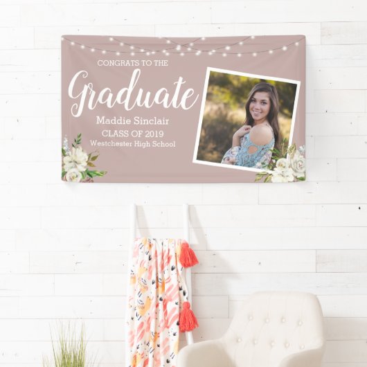 モダンフォトフラワーストリングライトピンク卒業 横断幕 (インサイチュ)