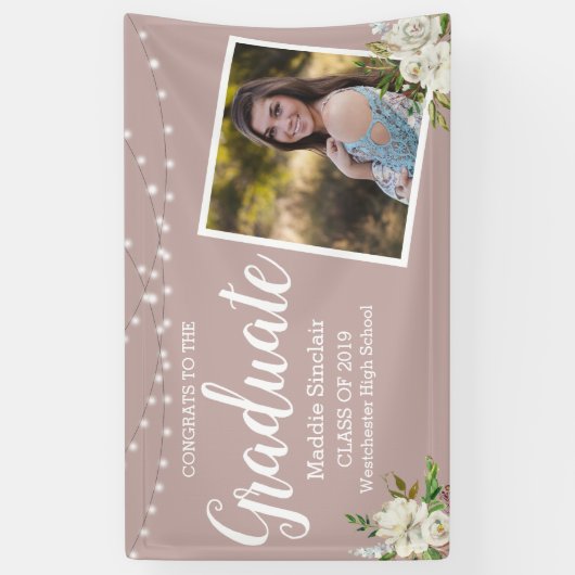 モダンフォトフラワーストリングライトピンク卒業 横断幕 (縦)