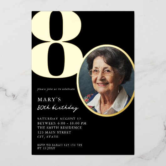 モダンフォトブラックと金ゴールド80エレガント誕生日 箔招待状 (正面)